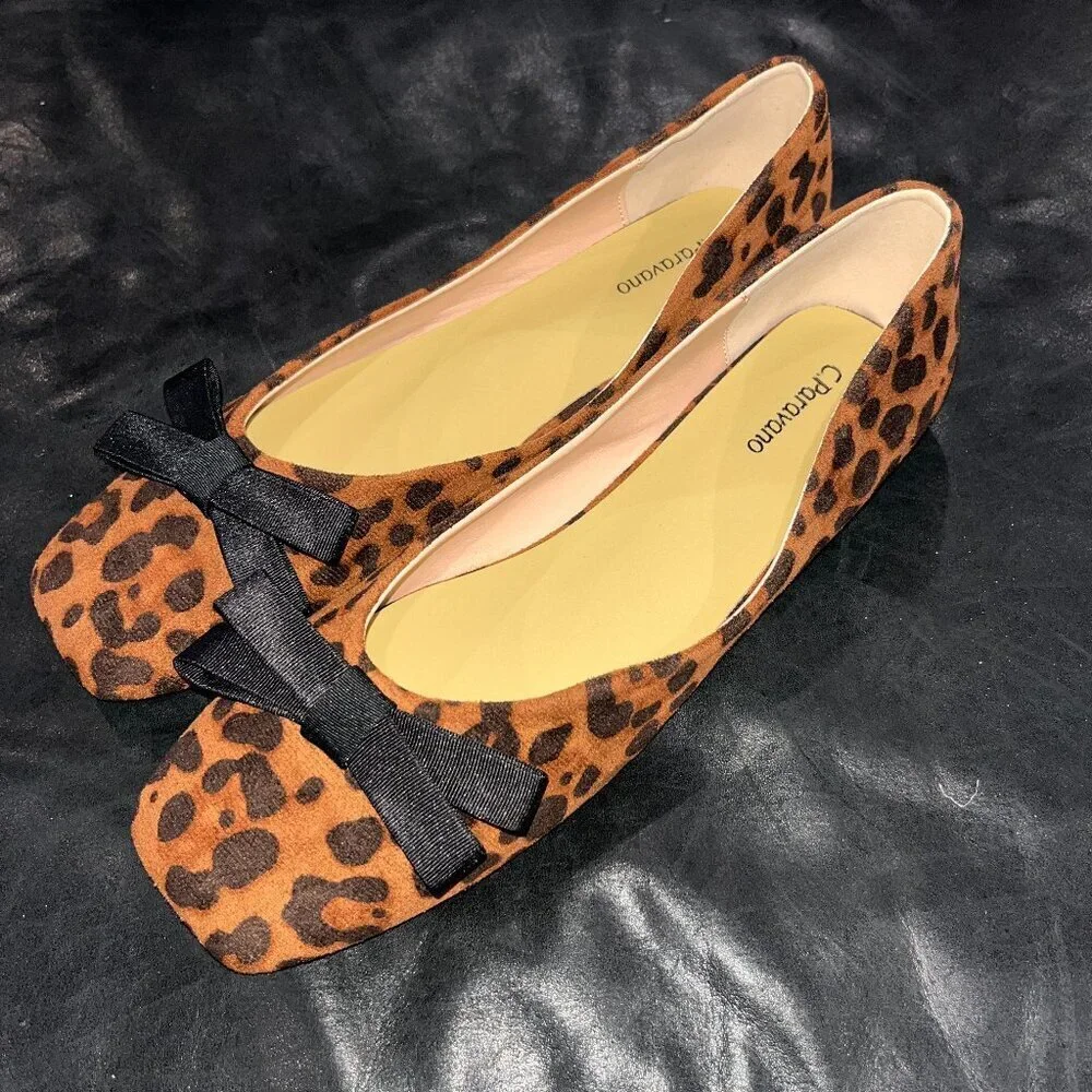 C.PARAVANO BOWKNOT SUEDE LEOPARD AIDA SQUARE TOE BALLET FLATS - NWOB - SIZE 41.5